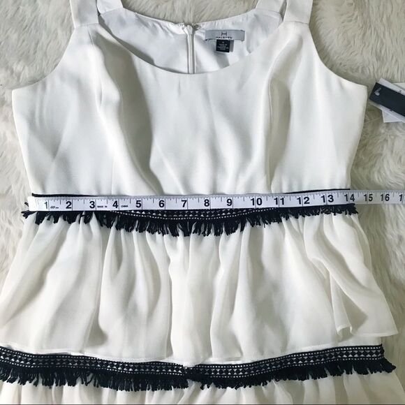 HALSTON White Black Sleeveless Fringe Cocktail Dress Tiered‎ Ruffle Size 6 New - Picture 13 of 15